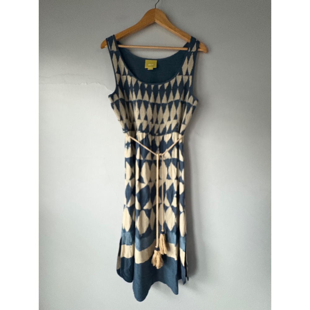 Anthropologie Maeve Castalia Blue Geometric Smocked Midi Dress Size 12 - Picture 3 of 10